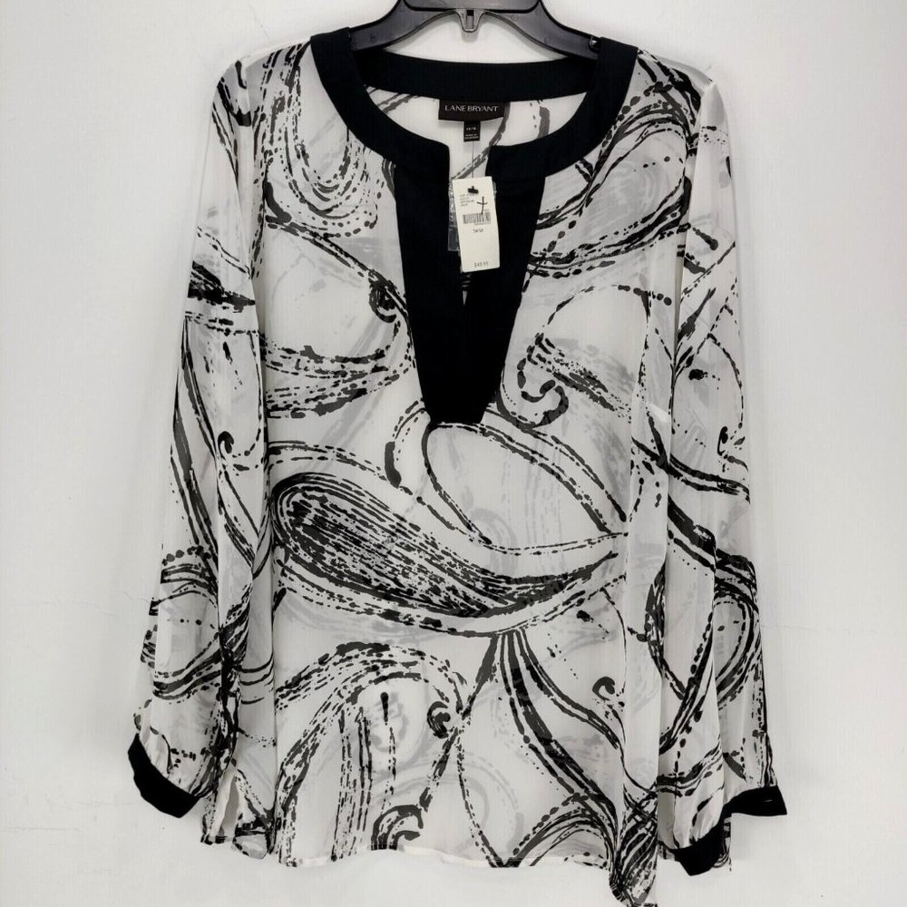 Lane Bryant Size 14/16 V-Neck Sheer Paisley Print Blouse Top Tunic Black White